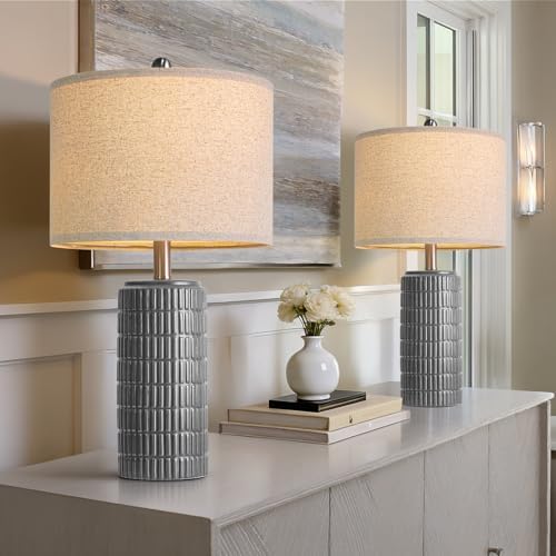 PoKat 23" Ceramic Dark Gray Table Lamps Set of 2 for Living Room, Modern Bedside Lamps for Bedroom, Farmhouse