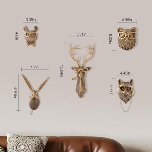 UITWMKTG Gold Animal Head Wall Decor Set of 5 - Deer, Rabbit, Mouse, Bear, Fox Wall Sculptures, Modern Wall Art for
