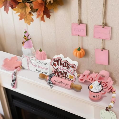 Fall Decorations for Home, 8Pcs Farmhouse Pink Fall Tiered Tray Decor Set