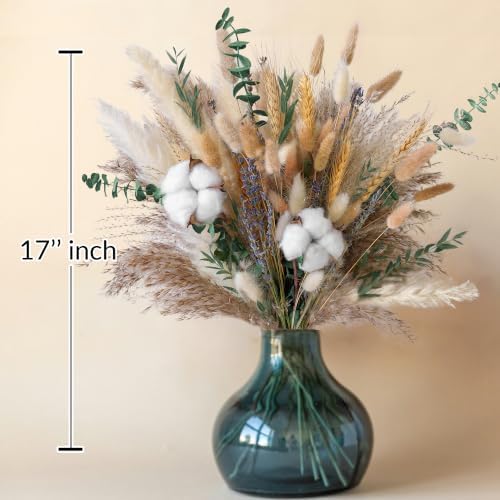 Green Dried Flower Bouquet, 10 Varieties Pampas Grass with Eucalyptus, Lavender, Cotton, Wheat & Bunny Tails, Natural Dried Flowers for Vase, Boho Farmhouse Wedding Home Decor
