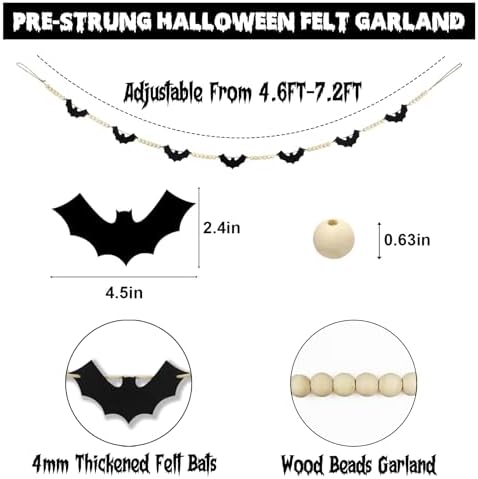 CESOF Halloween Garland Mantel Decor, Hanging Felt Bat Garland Adjustable