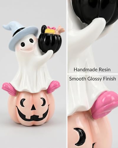 Halloween Ghost Pumpkin Figurine, Cute Resin Ghost on Jack O Lantern with Witch Hat and Candy Bucket, Spooky Shelf Decor for Mantel Table Tiered Tray Home Office Decoration Gift (Ghost on Pumpkin)
