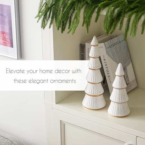 WONDROUS' DECO Christmas Tree Figurine Decor Tabletop White and Gold, 2pcs