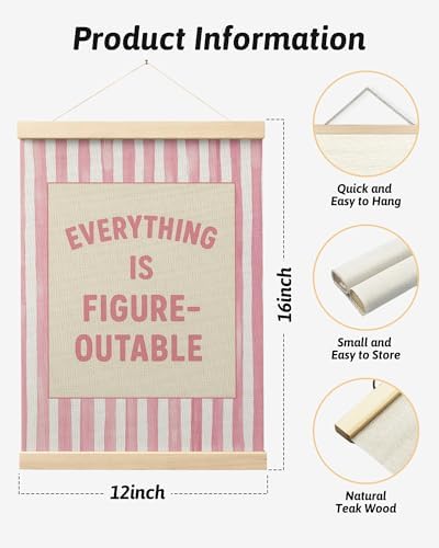 FGFK Preppy Pink Striped Everything Is Figureoutable Inspirational Framed hanging Canvas wall art Poster Prints office