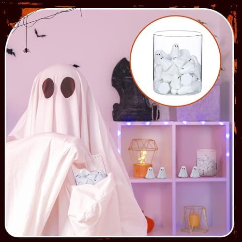 RoundFunny 50 Pcs Luminous Halloween Ghosts Miniature Resin Figurines Bulk
