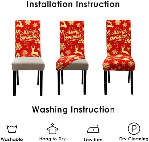 Merry Christmas Chair Covers Set of 6,Xmas Snowflake Elk Dining Chair Slipcovers,Elastic Removable Washable Dining Parsons Chair Protectors,Christmas Decor for Home Red