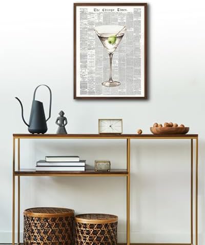 EcoHest 12x16 in Martini Newspaper Framed Wall Art for Bar Cart