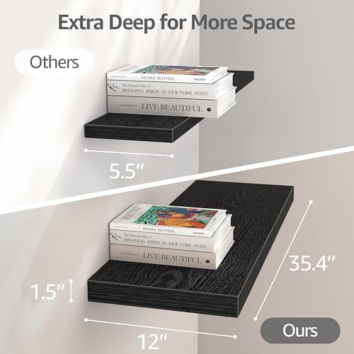 QEEIG 12" Deep Floating Shelves for Wall (Black, Set of 3, 35.4" x 12")