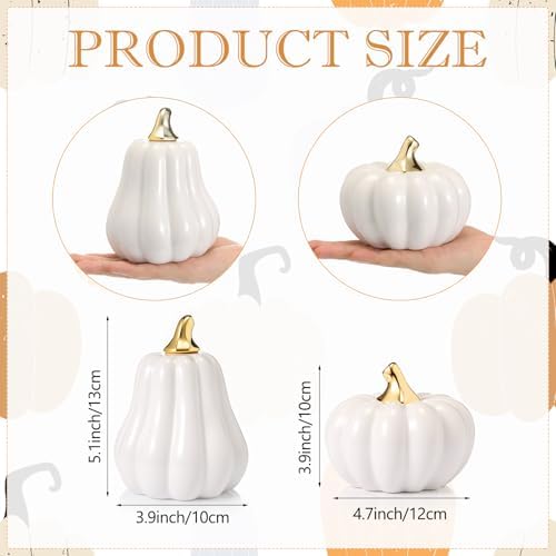 Qinyoung 2 Pcs Fall Ceramic Pumpkins for Home Decor Gold Stem, White
