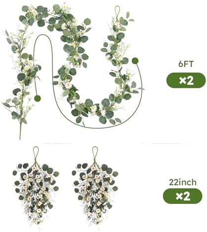 Pinkpum 20'' Eucalyptus Wreath 22'' Daisy Teardrop Swags Set 4 for Front Door Fireplace Hanging Porch Wall Home Window