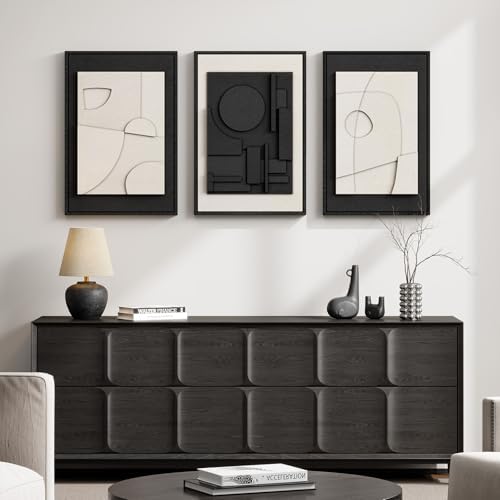 3D Textured Framed Black and White Abstract Wall Art Set of 3, 16x24 In