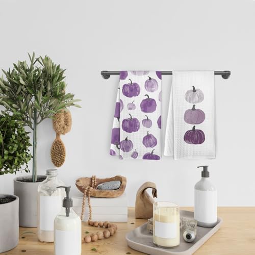 Purple Fall Pumpkin Decor Kitchen Towels and Dishcloths Set of 2, Purple Farmhouse Pumpkins Fall Decor Decorative Hand Tea Towel for Dorm Bathroom Living Room, Autumn Dish Towels, 16×24 Inch