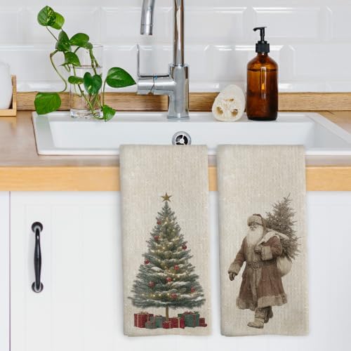 Vintage Christmas Tree Santa Kitchen Dish Towels 16x24, Set of 2