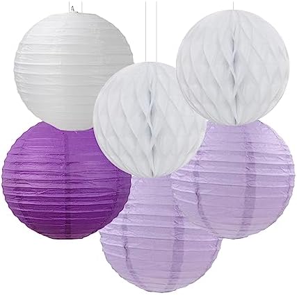 Purple-White Lavender Party Decorations Streamers - 14pcs Women Girl Birthday Paper Lanterns Fan,Tissue Pom Poms,Baby Bridal Shower Wedding Engagement Bachelorette Graduation Decor Lasting Surprise
