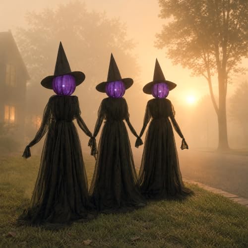 Dazzle Bright Halloween Witch Decorations Outdoor, 5 FT Set of 3 Light Up Head Holding Hands Witch with Stakes, Waterproof Witch Decor for Garden Yard Lawn Haunted House Decor