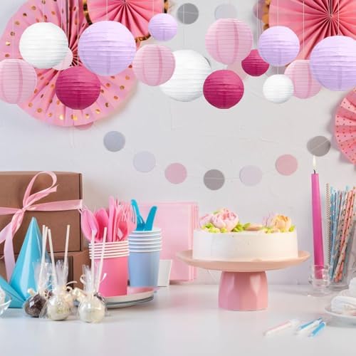20Pcs Light Purple Rose Red Pink White Paper Lanterns for Parties, 4” 6” 8” 10” Chinese Asian Hanging Round Paper Lanterns for Birthday Wedding Halloween Christmas Home Decor Party Decor