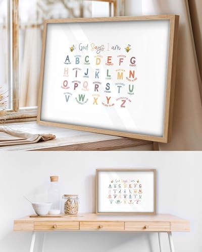 KensTro 16x12 Oak Framed Christian Alphabet Affirmation Wall Art