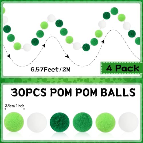 MARFOREVER 4 Pack 26.3 Feet St Patricks Day Decorations Pom Pom Garland