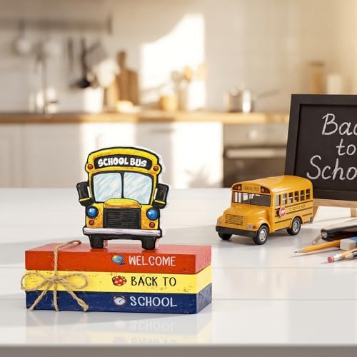 Smile Back to School Wooden Table Decor Apple, Math, Science, History Desktop Signs Classroom & Home Office Tabletop Decorations Gift for Students, Teachers