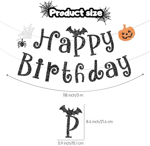Black Halloween Happy Birthday Banner, Sparkly Glittery Pumpkin Spider and Bat Banners Halloween Birthday Party Decorations Supplies for Adults, No Diy.