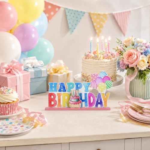 Smile Birthday Wooden Standing Decor Set, Happy Birthday Balloon Cake Tiered Tray Tabletop Signs with Stands for Birthday Party Home Kitchen Shelf Decorations