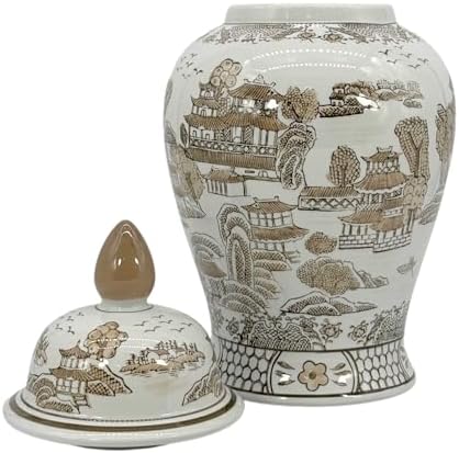Galt International Brown & White Floral Chinoiserie Ceramic Temple Jar 18" w/Lid - Ginger Jar Home & Kitchen Decor for