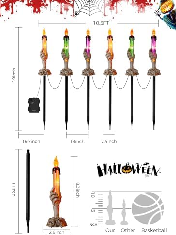 Halloween Decorations, 2 x 6 Pack Skeleton Hands Hold Lighted Candle Stakes, Waterproof Battery Operated Pathway Decor with Timer, Light Up for Tabletop Indoor Outdoor Party Lawn Yard Garden