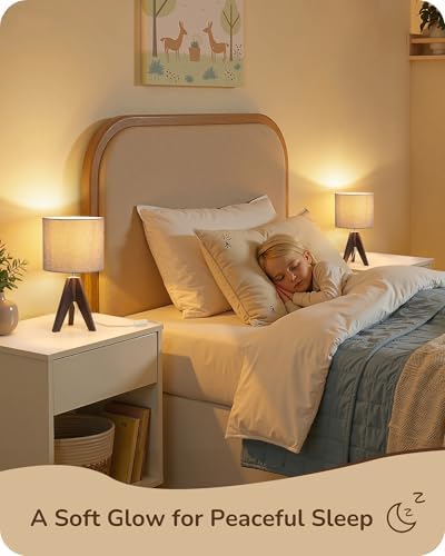 EDISHINE Boho Small Table Lamp, Wood Lamp, Grey Linen Lampshade,14.2 Inch