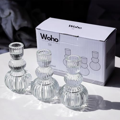 Woho 3pcs Clear Taper Candle Holders 4.3" H, Ribbed Candlestick Holders