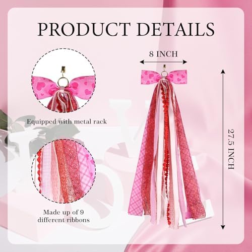 Valentine's Day Wreath Sash for Door, Large Bow Decoration with Metal Clip, 9 Ribbon Swag for Wreath, Front Entry, Fireplace, Fence - Pink Red Love Heart Bow Valentine Decor