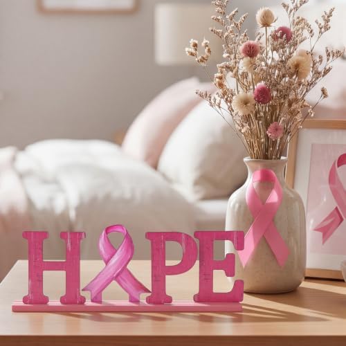 Smile Breast Cancer Awareness Wooden Standing Decor, HOPE Letters Pink Ribbon Tiered Tray Tabletop Signs with Stands for Home Office Decorations