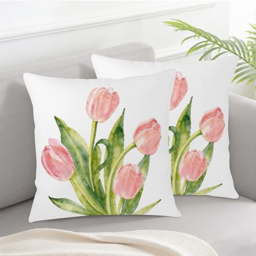Spring Floral Pillow Covers 16x16 Set of 2 Pink Tulip Throw Pillow Covers Summer Flower Farmhouse Decorative Throw Pillows for Home Couch Sofa Bed Decor