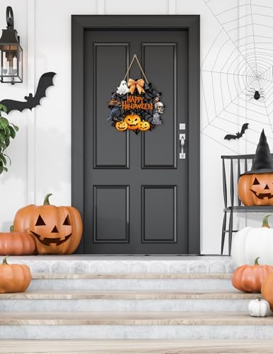 Halloween Wreaths for Front Door Welcome Sign Happy Halloween Wall Decorations Wooden Spider Web Ghost Black Cat Pumpkin Hanging Wall Decor Indoor Holiday Decor