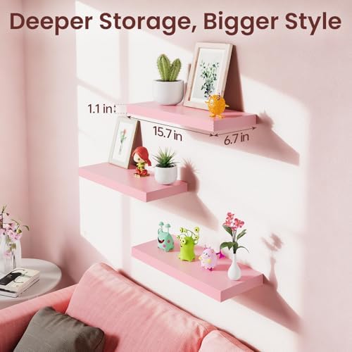 BAYKA Pink Floating Shelves 15.7in, Set of 3, Wall Mounted for Wall Decor
