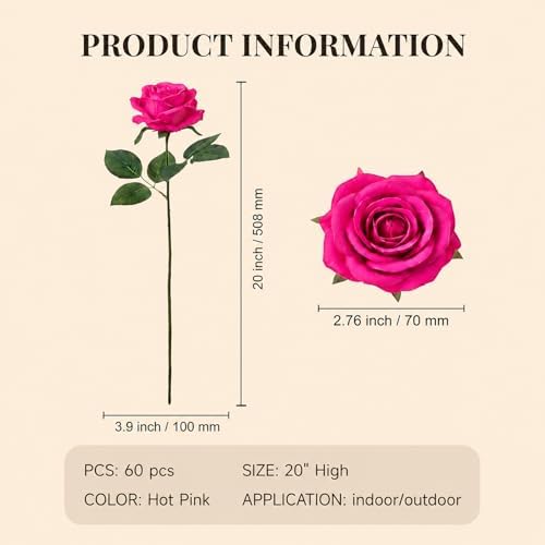 60 Pcs Hot Pink Velvet Artificial Roses Flowers Real Looking Silk Faux Roses Bulk Long Stems for Wedding Centerpieces,DIY Floral Arrangements,Home Decor,Anniversary,Valentine's Day