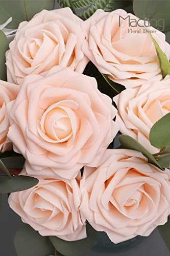 30PCS Champagne Artificial Roses with Stems, Real Touch Foam Flowers
