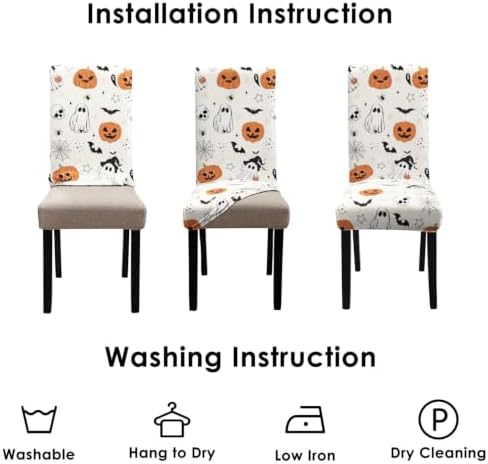 Halloween Chair Covers Set of 4,Pumpkin,Ghost and Skull Dining Chair Protectors,Elastic Removable Washable Dining Chair Covers,Suitable for Halloween Kitchen Dining Room chair Holiday decorations