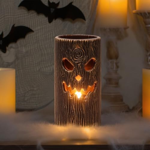 Halloween Flameless Candles, 2PCS Ghost Tree Carved Pillar Candles