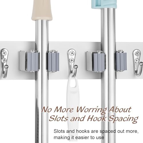 OUTNILI White Mop Broom Holder Wall Mount with 3 Slots & 4 Hooks - Wood Broom Mop Hanger for Pantry Kitchen