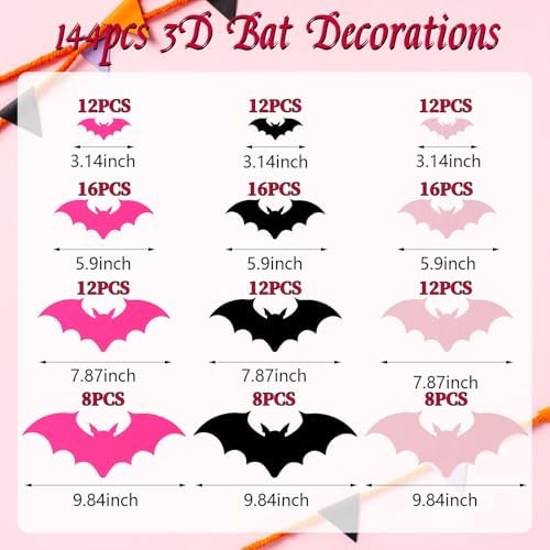 CCINEE 144pcs Pastel Halloween Bats Wall Decorations,PVC Waterproof Pink Black 3D Bat Stickers for Home Indoor Room Outdoor Summer Halloween Party Scene Decals Decoration
