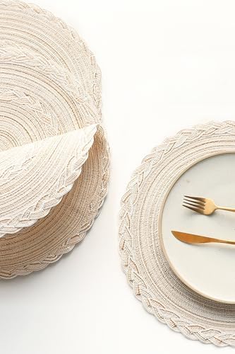 Floroom 15 Inch Round Braided Placemats Set of 4, Washable Heat Resistant Cotton Polyester Circle Boho Place Mats for Kitchen Dining Table - Canvas Beige Bordered