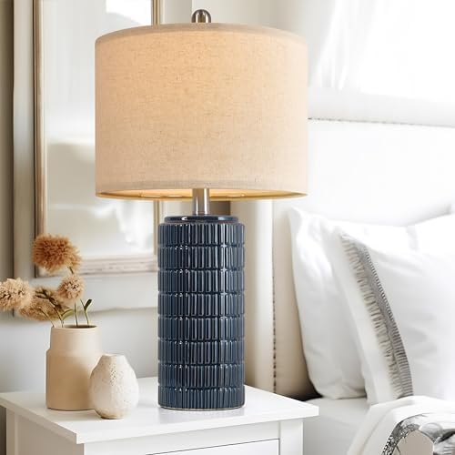 PoKat 23" Blue Table Lamps, Farmhouse Bedside Lamps for Bedroom Set of 2, Ceramic End Table Lamps for Living Room