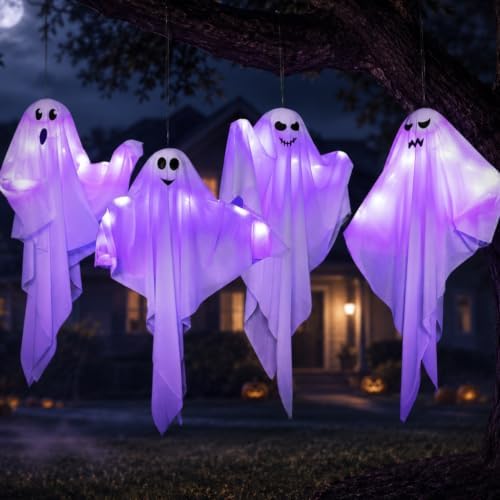 4 Pack Halloween Hanging Ghosts with LED Lights, 27.5 Inch Light Up Ghost Decorations for Indoor Outdoor, Lawn Yard Tree Hanging Halloween Ornaments, Spooky Lighted Party Supplies