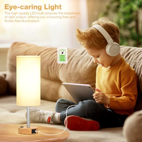 Fenmzee Bedside Table Lamp for Bedroom - Dimmable Touch, USB A+C, AC Outlet