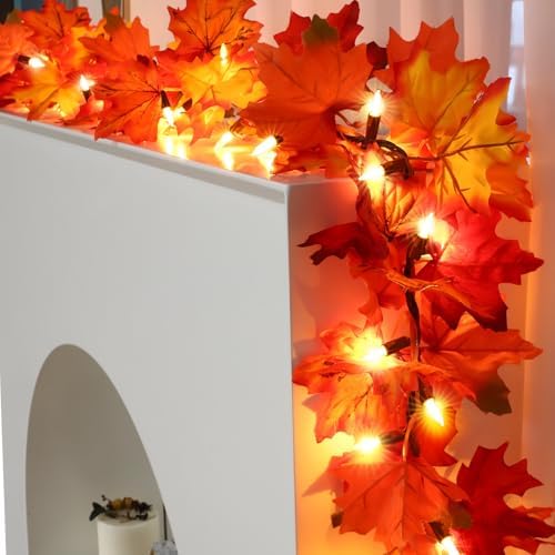 2 Pack Fall Decorations Lighted Fall Garland, 9FT 50 Count Incandescent Lights Brown Wire UL Certified Connectable Maple Leaves String Lights for Home Fireplace Mantle Thanksgiving Decor
