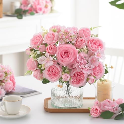 4 Pcs Mixed Artificial Peony Flowers Set-2 Bouquets & 2 Stems, Pink Fake Peony Rose Hydrangea Flowers for Vase Silk Floral Arrangements for Table Centerpiece Wedding Party Bridal Decoration Home Decor