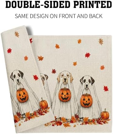 Halloween Placemats Set of 4 18x12 Inch Ghost Dog Pumpkin Fall Maple Leaves Linen Place Mats Heat-Resistant Washable Wipeable Autumn Holiday Table Mat for Party Kitchen Dining Room Dinner Table Decor