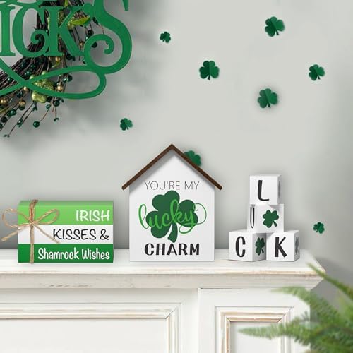 St. Patrick's Day Decorations Shamrock Faux Books, 8 Pcs St. Patricks Day Tiered Tray Decor Book Stack Lucky Wooden Signs, Farmhouse Rustic Wooden Decor for Home Kitchen Table
