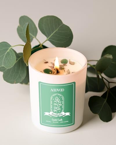 AOOVOO Eucalyptus Scented Candles for Women - Aromatherapy Candle with Crystals Inside, 7oz Soy Candles for Home