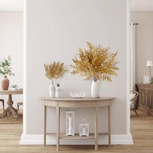 Sggvecsy 4 Pack Artificial Fall Greenery Stem Autumn Faux Flowers Autumn Faux Plants Silk Fall Shrubs Bushes Fall Leaves Stem for Indoor Home Table Centerpieces Thanksgiving Decoration(Dark Yellow)